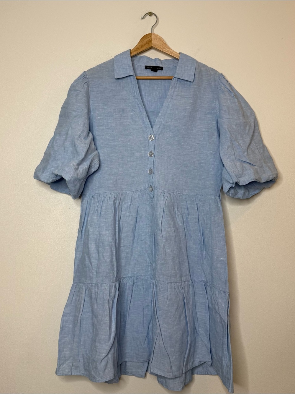 Saks Fifth Avenue Pastel Blue 100% Linen Button Collared Puff Sleeve Tier Dress